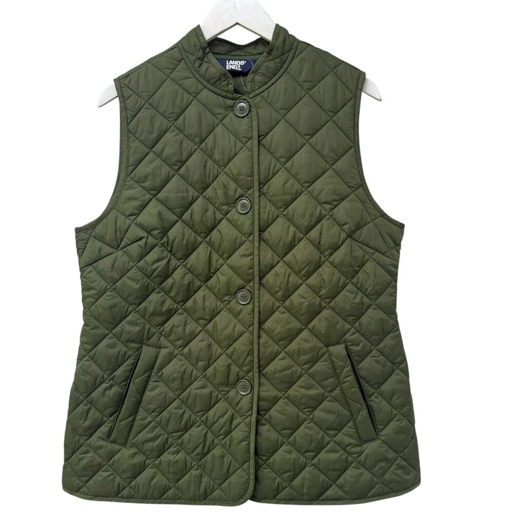 LANDS END Womens Quilted Vest Medium Olive Green Button Front Utility Preppy NWT - Picture 10 of 10